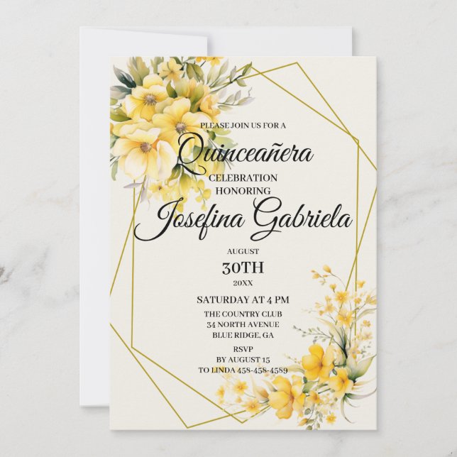 Invitation jaune or pour Quinceañera (Devant)