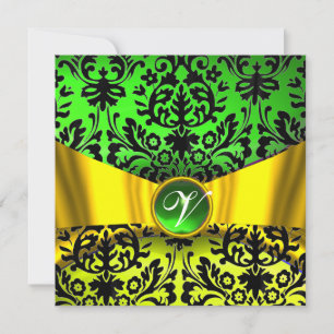 INVITATION JAUNE OR RIBBON EMERALD BLACK DAMASK MONOGRAM