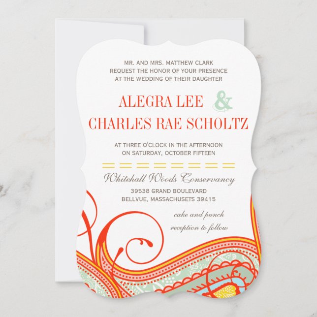 Invitation Jaune Orange Aqua Mint Persimmon Paisley Mariage (Devant)