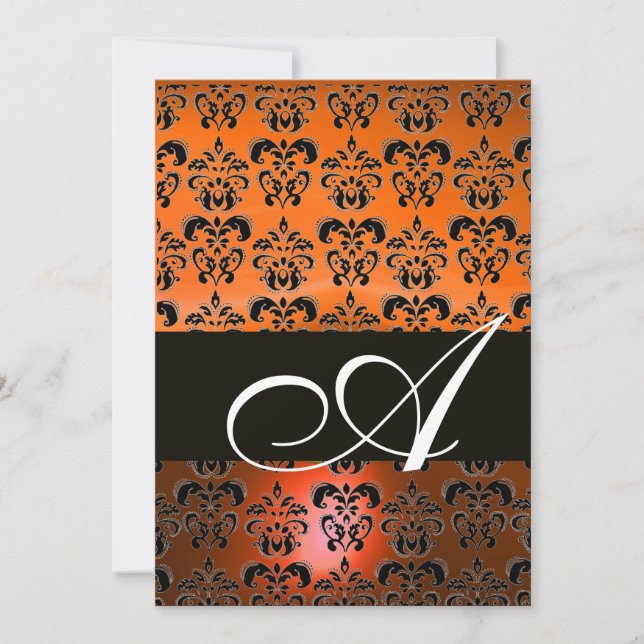 Invitation JAUNE ORANGE NOIR DAMAS MONOGRAMME ,blanc brillant (Devant)