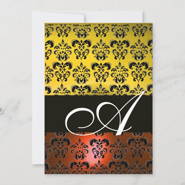 Invitation JAUNE ORANGE NOIR DAMAS MONOGRAMME, blanc éclatant (Devant)
