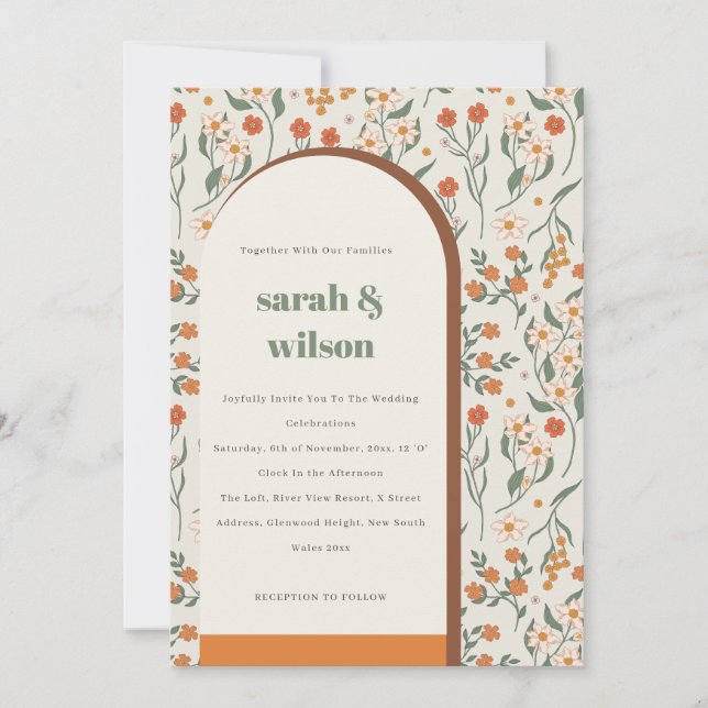 Invitation Jaune Orange Super Arc Retro Mariage Floral (Devant)