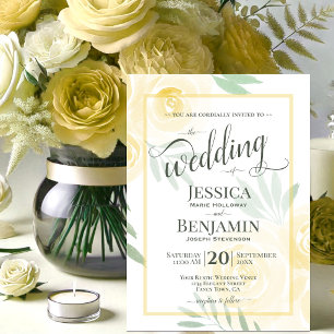 Invitation Jaune ou or Boho Roses Écriture stylée Mariage