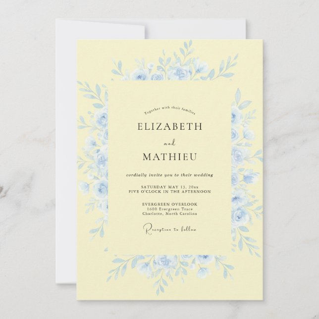 Invitation Jaune Pâle Bleu Éthéré Floral Mariage (Devant)