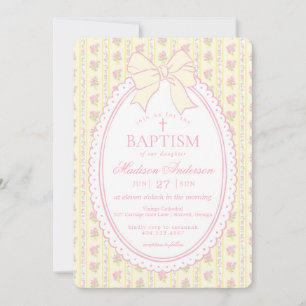 Invitation Jaune Pâle Floral Élégant Vintage Baptême