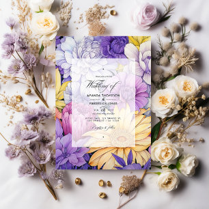 Invitation Jaune pâle, lavande et Mariage floral argenté