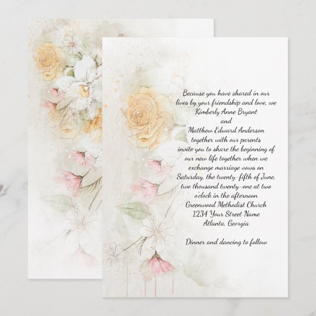 Invitation Jaune pastel et roses roses verdure mariage (Devant / Derrière)