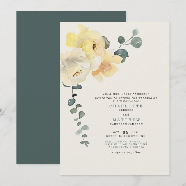 Invitation Jaune Peonies Turquoise & Crème Mariage Parents ma (Devant / Derrière)