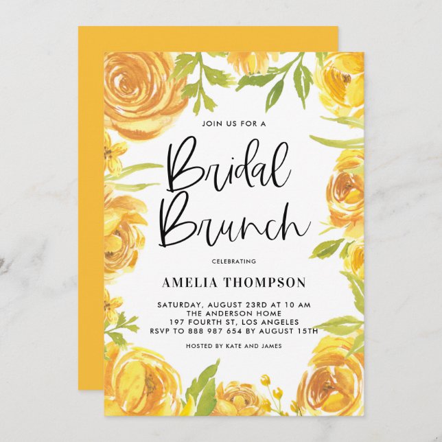 Invitation Jaune Peony et Rose Floral Wreath Bridal Brundal (Devant / Derrière)
