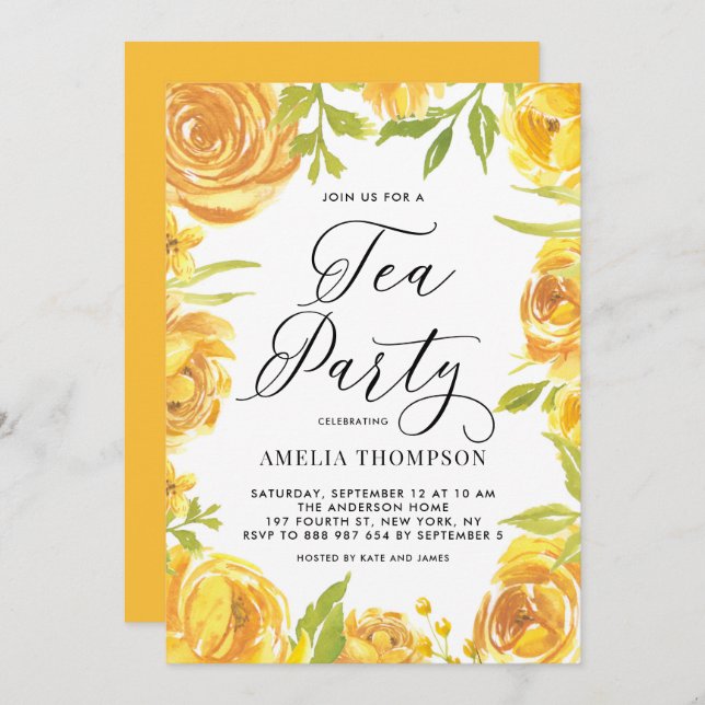 Invitation Jaune Peony et Rose Floral Wreath Tea Party (Devant / Derrière)