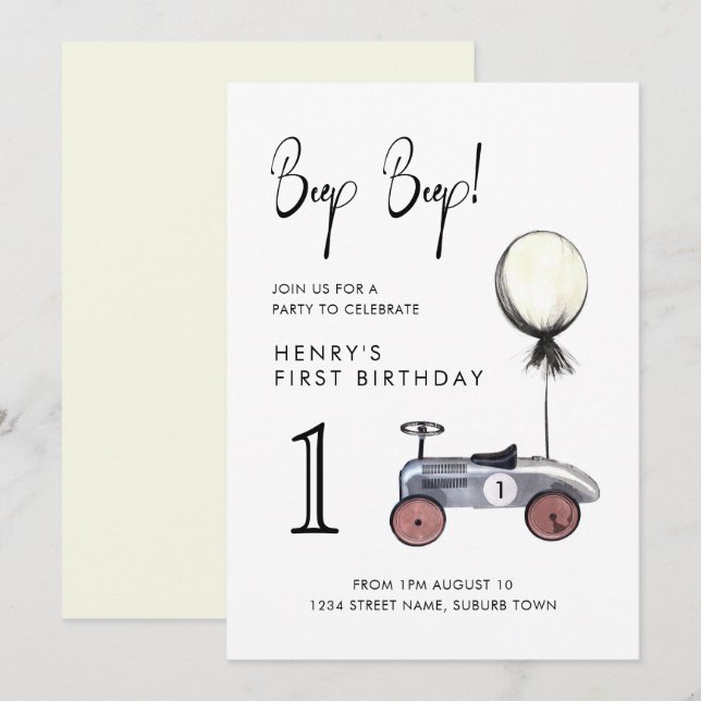 Invitation Jaune Premier Anniversaire Course Vintage Invitati (Devant / Derrière)