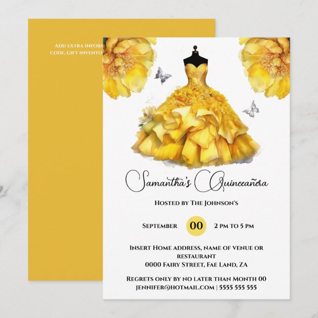 Invitation Jaune Quinceañera ballgogne pivoine fleurs florale (Devant / Derrière)
