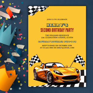 Invitation Jaune Race Car Thème Garçon 2ème fête d'anniversai