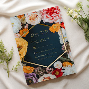 Invitation Jaune rose bleu marine or floral RSVP de printemps