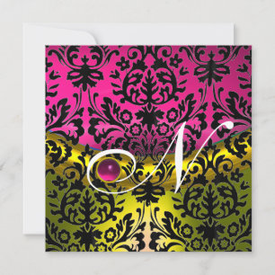 INVITATION JAUNE ROSE FUCHSIA NOIR DAMAS MONOGRAMME TOPAZE