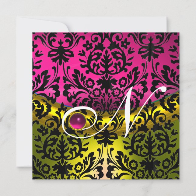 INVITATION JAUNE ROSE FUCHSIA NOIR DAMASÉ MONOGRAMME TOPAZE (Devant)