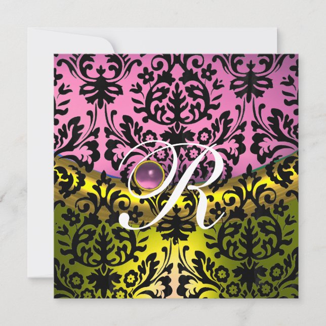 INVITATION JAUNE ROSE LAVANDE NOIR DAMAS MONOGRAMME (Devant)
