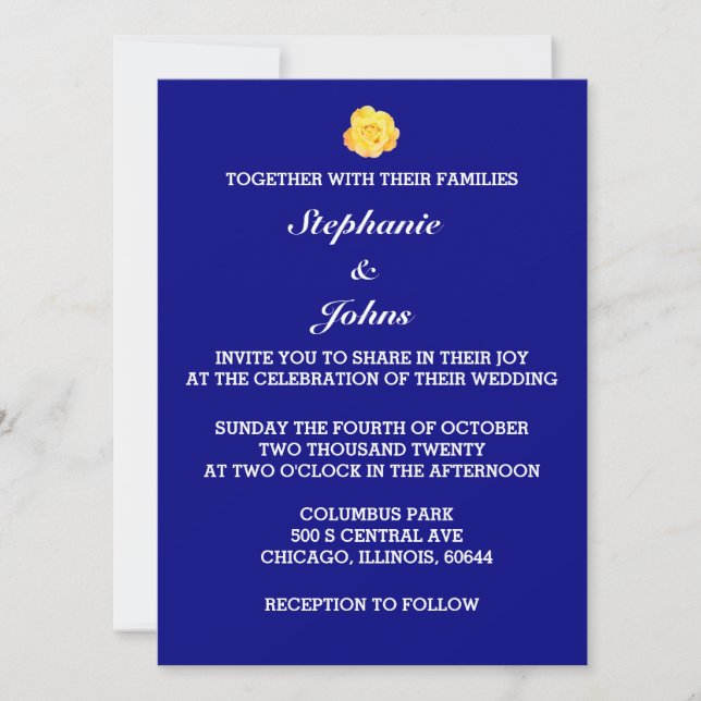 Invitation Jaune Rose Marine bleu Floral Blanc Mariage tendan (Devant)
