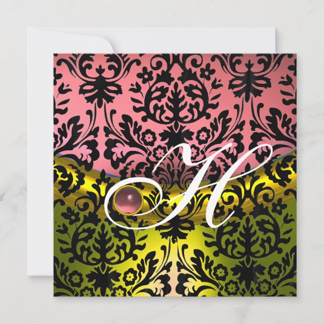 Invitation JAUNE ROSE NOIR DAMASK MONOGRAM Améthyste (Devant)