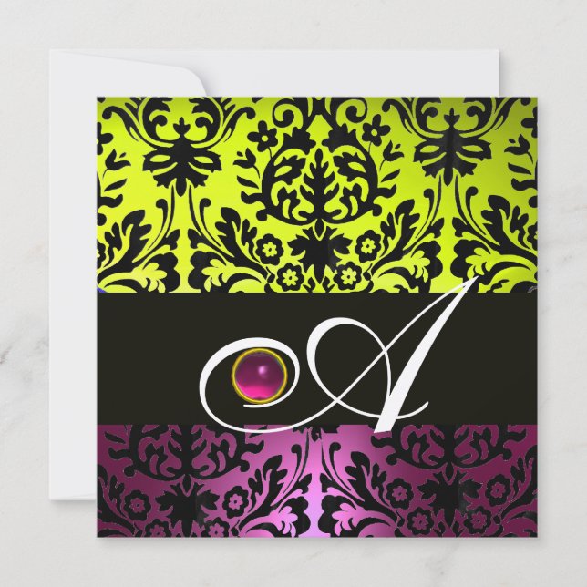 Invitation JAUNE ROSE POURPULAIRE NOIR DAMASK MONOGRAM Améthy (Devant)