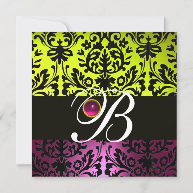 Invitation JAUNE ROSE VIOLET NOIR DAMAS MONOGRAMME Améthyste (Devant)