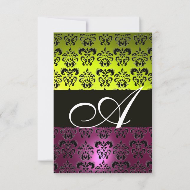 Invitation JAUNE ROSE VIOLET NOIR  DAMAS MONOGRAMME fuchsia (Devant)