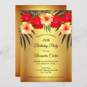 Invitation Jaune rouge Noir Palm Hibiscus fête d'anniversaire