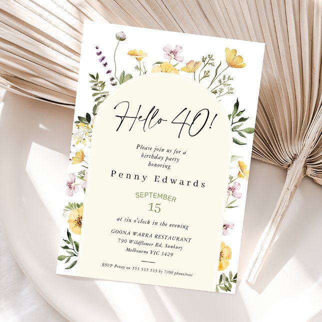 Invitation Jaune Rustique Fleurs sauvages Bonjour 40 40e Anni (40th Birthday Invitation, Hello Forty Boho Birthday Invite, Editable Template, Modern Wildflowers)