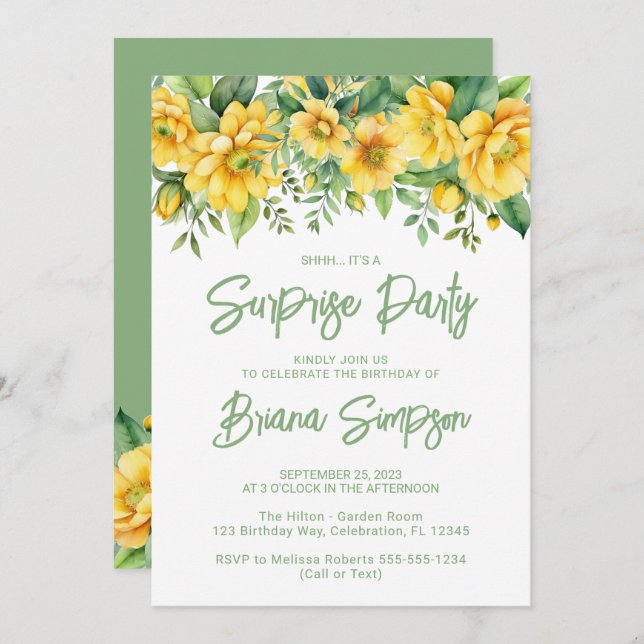 Invitation Jaune Sage Vert Floral Surprise Party (Devant / Derrière)