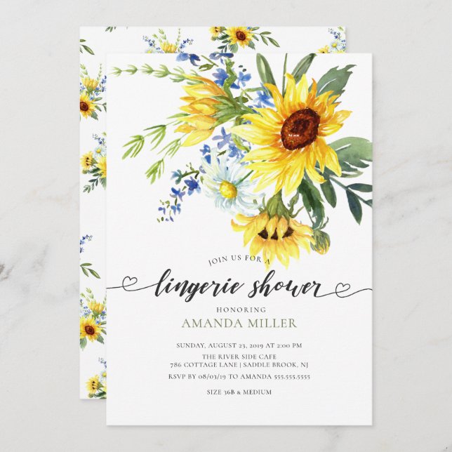 Invitation Jaune Sunflower Bridal Lingerie Douche (Devant / Derrière)