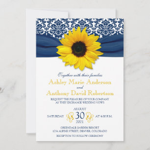 Invitation Jaune Sunflower Navy bleu Damask Ribbon Mariage