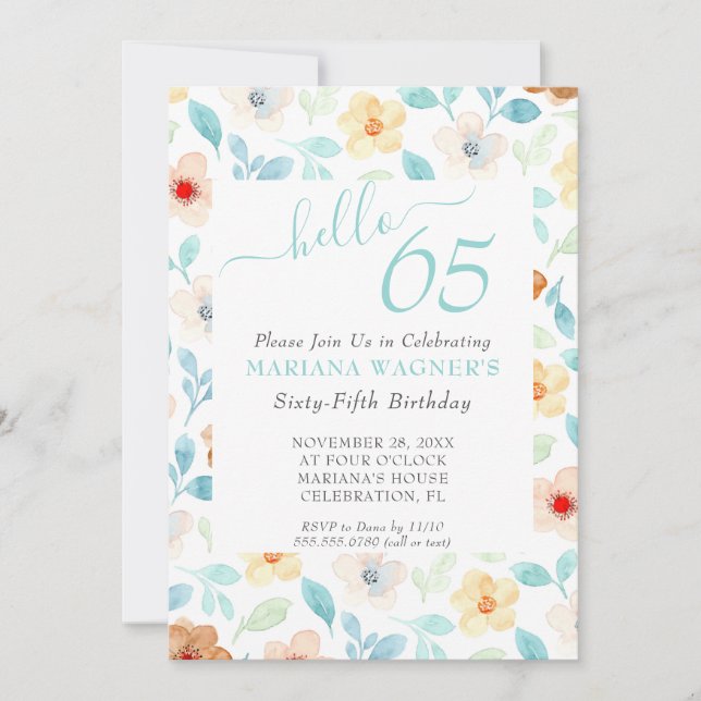 Invitation Jaune Tiel Floral Élégant Script 65e Anniversaire (Devant)