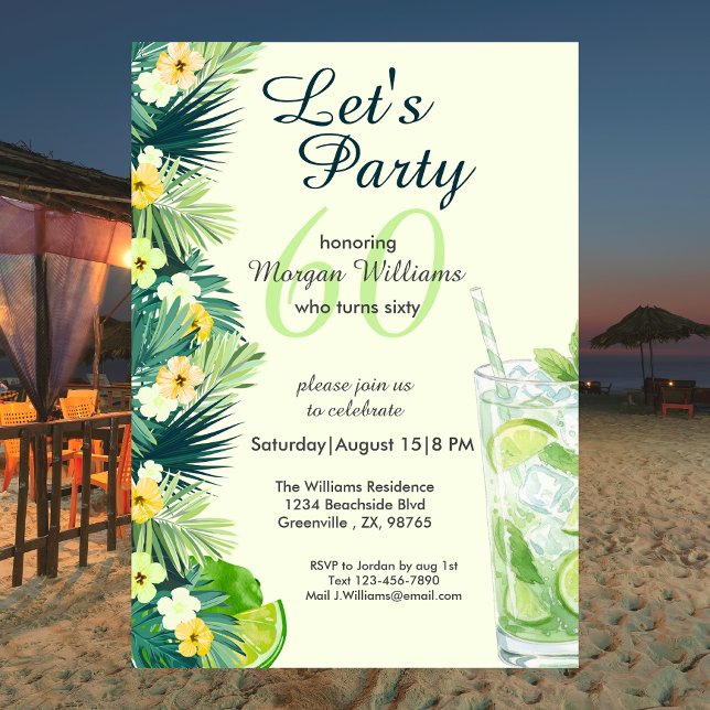 Invitation Jaune Tropical Eté Cocktail 60e Anniversaire (Créateur téléchargé)