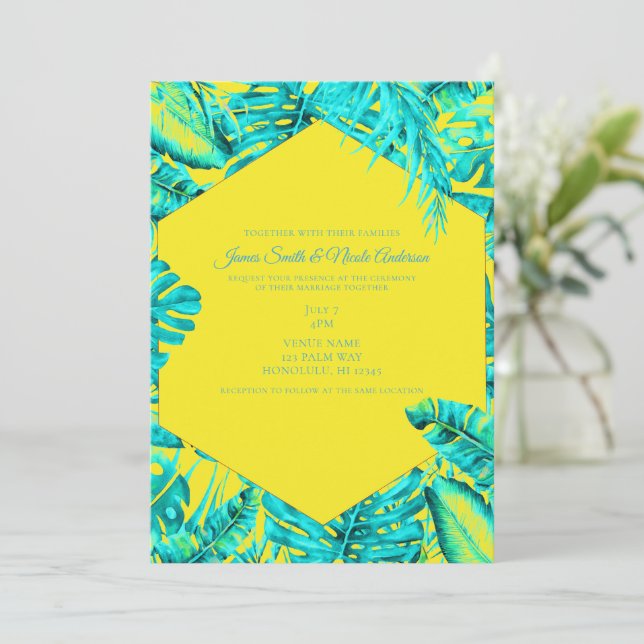 Invitation Jaune & Turquoise Feuilles de Palmier Tropicales M (Debout devant)