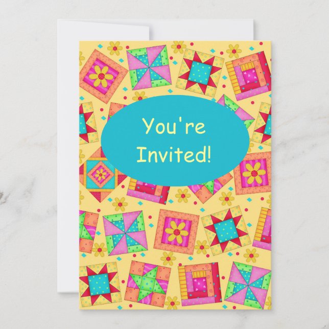 Invitation Jaune & Turquoise Patchwork Quilt Block Art (Devant)