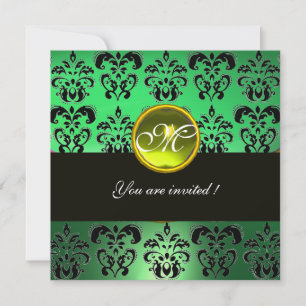 Invitation JAUNE VERT NOIR DAMAS MONOGRAMME, topaze
