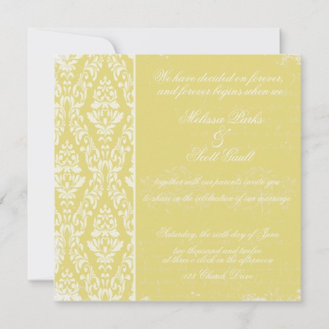 Invitation Jaune vintage d'invitation de mariage damassé (Devant)