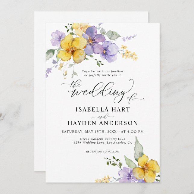 Invitation Jaune violet lavande Boho Rustique Mariage Floral (Devant / Derrière)