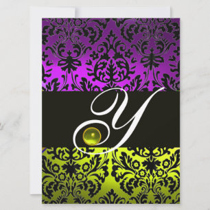 INVITATION JAUNE VIOLET NOIR DAMAS MONOGRAMME TOPAZE