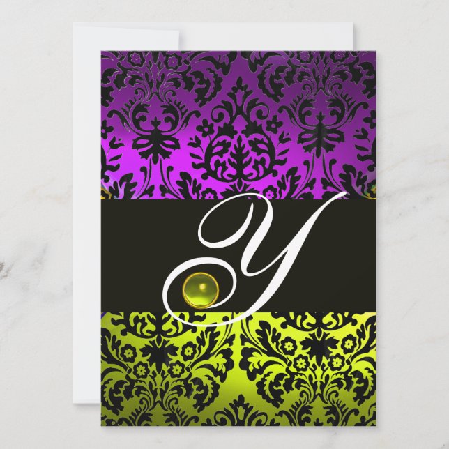 INVITATION JAUNE VIOLET NOIR DAMAS MONOGRAMME TOPAZE (Devant)
