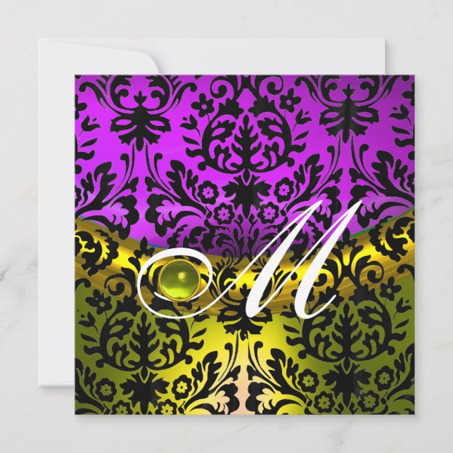INVITATION JAUNE VIOLET NOIR DAMAS MONOGRAMME TOPAZE (Devant)