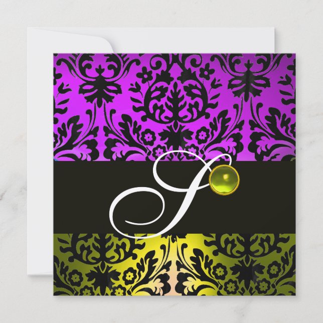 Invitation JAUNE VIOLET NOIR DAMAS MONOGRAMME TOPAZE Or (Devant)