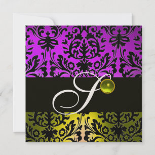 Invitation JAUNE VIOLET NOIR DAMAS MONOGRAMME TOPAZE Or
