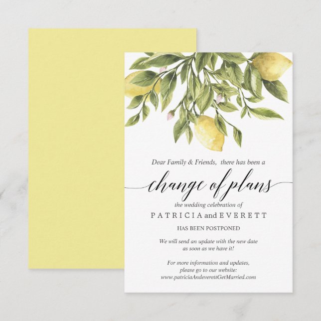 Invitation Jaunes Citrons et Feuillage Mariage Changement de  (Devant / Derrière)