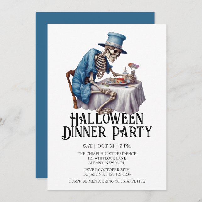 Invitation Jaunty Skeleton Dîner d'Halloween (Devant / Derrière)