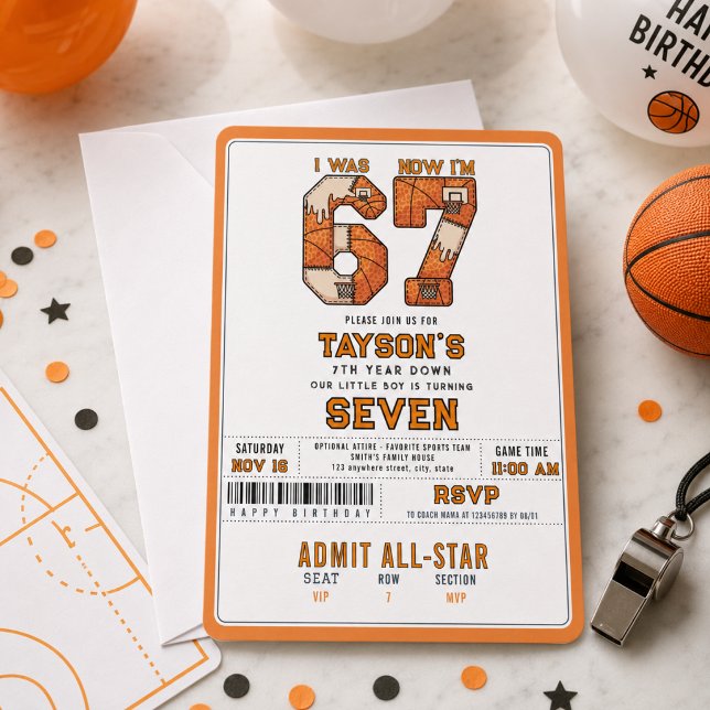 Invitation J'avais 6 ans, maintenant j'ai 7 ans – Basket 7e a (I Was 6, Now I’m 7 – Basketball 7th Birthday Invitation
)