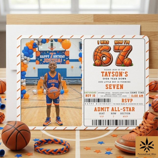 Invitation J'avais 6 ans, maintenant j'ai 7 ans Basket-ball A (I Was 6, Now I’m 7 Basketball Birthday – All-Star Invitation
)