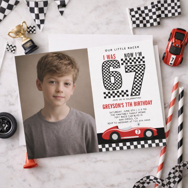 Invitation J'avais 6 ans maintenant j'ai 7 ans garçon de voit (I Was 6 Now I'm 7 Race Car Boy 7th Birthday Party Invitation
)