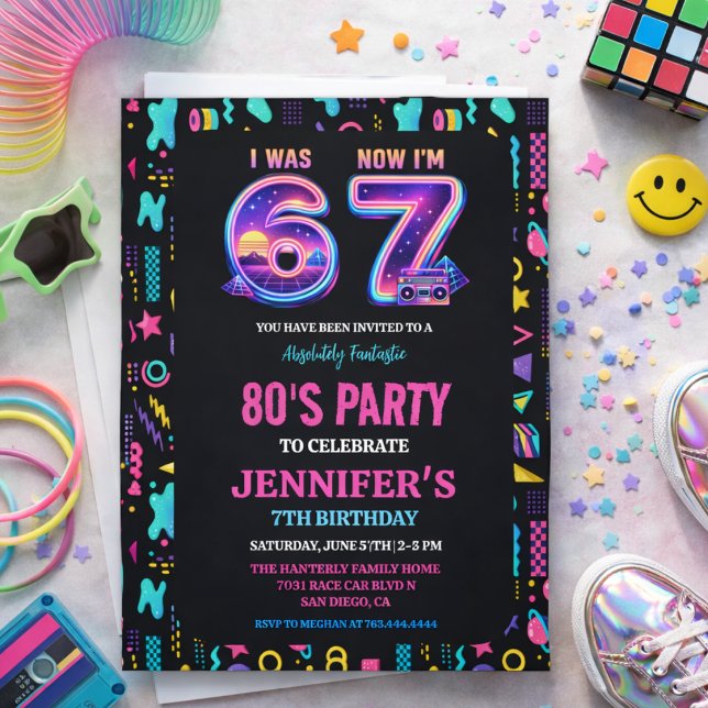 Invitation J'avais 6 ans Maintenant j'ai 7 ans Rétro Néon 7e  (I Was 6 Now I’m 7 Retro Neon 7th Birthday for Kids Invitation
)
