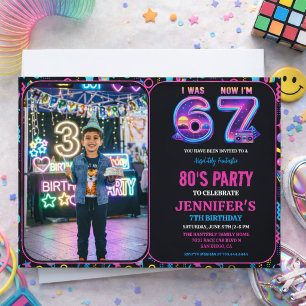 Invitation J'avais 6 ans maintenant j'ai 7 ans Rétro Néon 7èm